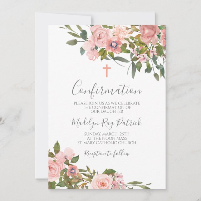 Pink Floral Confirmation  Invitation (Front)