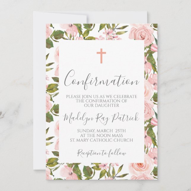 Pink Floral Confirmation  Invitation (Front)