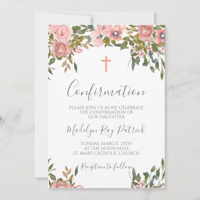 Pink Floral Confirmation  Invitation (Front)