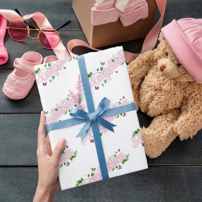 Pink Floral Congratulaions text Wrapping Paper  (Creator Uploaded)