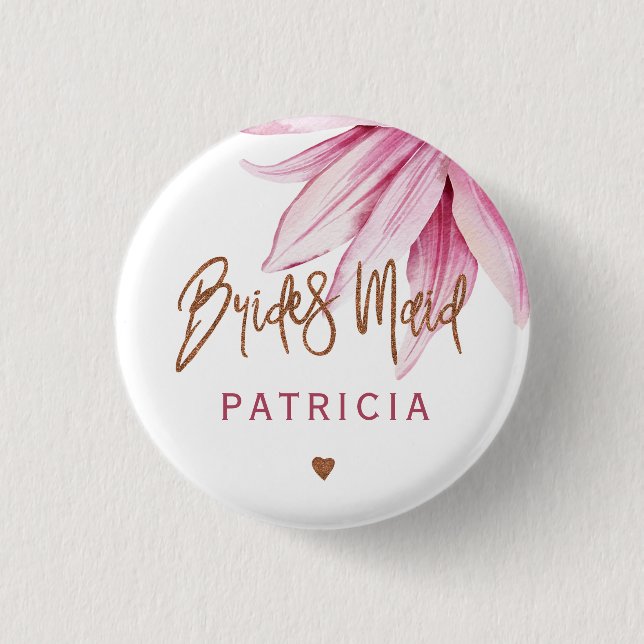 Pink floral copper script bridal shower bridesmaid 3 cm round badge (Front)