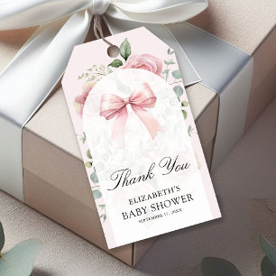 Pink Floral Coquette Bow Baby Shower Thank You Gift Tags
