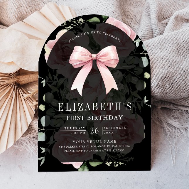 Pink Floral Coquette Bow Black First Birthday Invitation (Creator Uploaded)