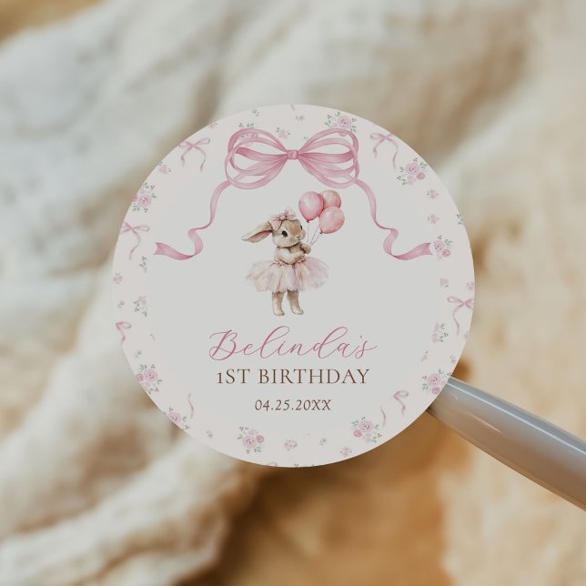 Pink Floral Coquette Bow Bunny 1st Birthday Classic Round Sticker (Creator Uploaded)