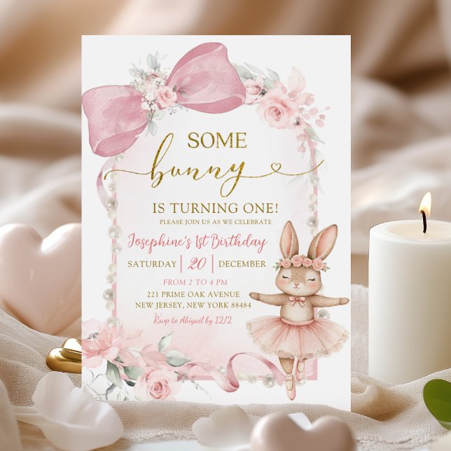 Pink Floral Coquette Bow bunny first birthday Invitation (Creator Uploaded)