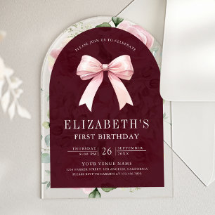 Pink Floral Coquette Bow Burgundy First Birthday Acrylic Invitations