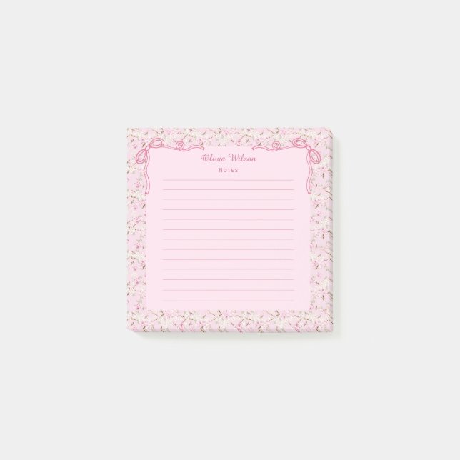 Pink Floral Coquette Bow Custom Name Post-it Notes (Front)