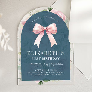 Pink Floral Coquette Bow Dusty Blue First Birthday Acrylic Invitations