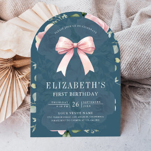 Pink Floral Coquette Bow Dusty Blue First Birthday Invitation