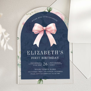 Pink Floral Coquette Bow Navy Blue First Birthday Acrylic Invitations