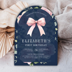 Pink Floral Coquette Bow Navy Blue First Birthday Invitation