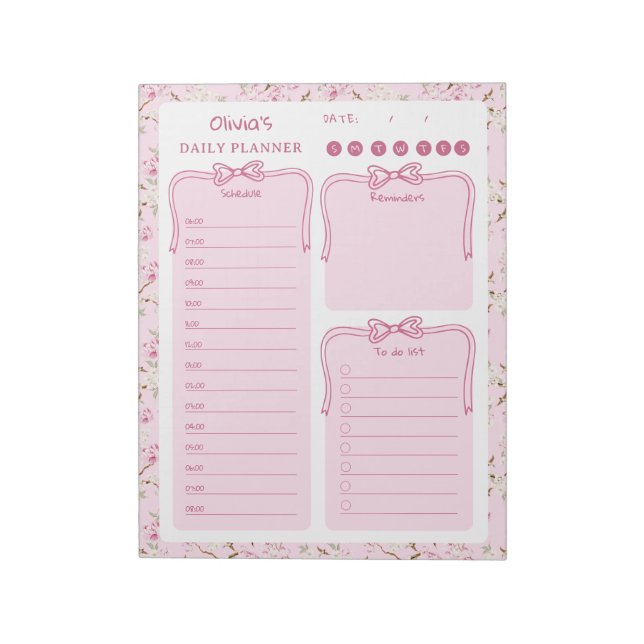 Pink Floral Coquette Bow To Do List Daily Planner Notepad (Rotated)