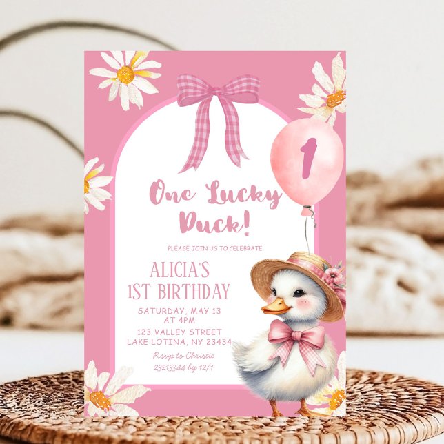 Pink Floral Coquette One Lucky Duck Birthday Invitation (Creator Uploaded)