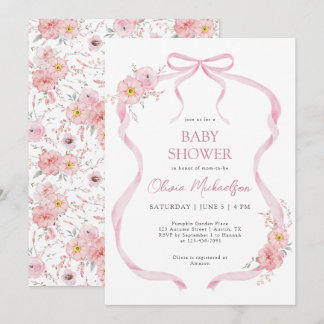 Pink Floral Coquette Ribbon Bow Girl Baby Shower Invitation