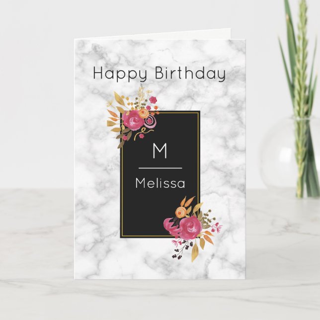 Pink Floral Corner Bouquets on Black Frame Card (Front)