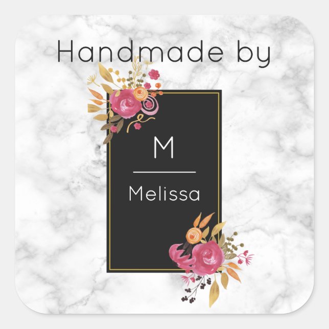 Pink Floral Corner Bouquets on Black Frame Custom Square Sticker (Front)