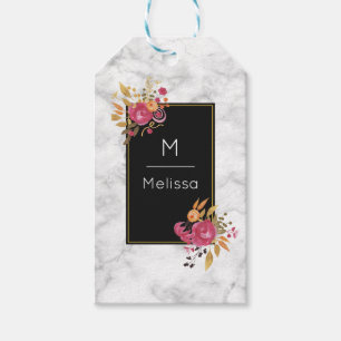 Pink Floral Corner Bouquets on Black Frame Gift Tags