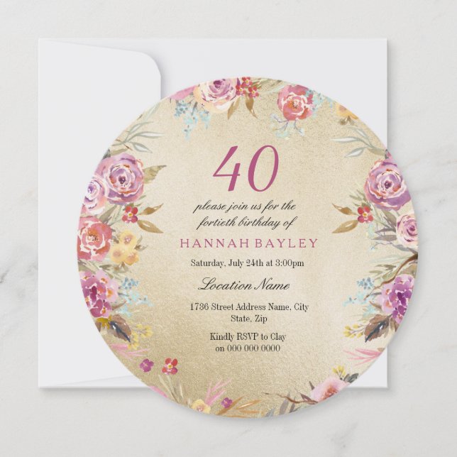 Pink Floral Country Gold 40th Birthday Party Invitation (Front)