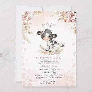 Pink Floral Cow Baby Shower Invitation