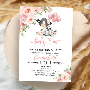 Pink Floral Cow Barnyard Baby Shower Invitation