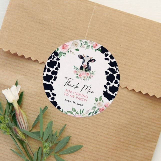 Pink Floral Cow Birthday Party Classic Round Sticker (Creator Uploaded)