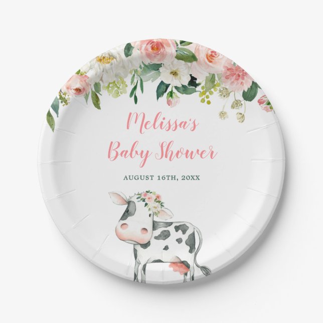 Pink Floral Cow Girl Baby Shower Paper Plate (Front)
