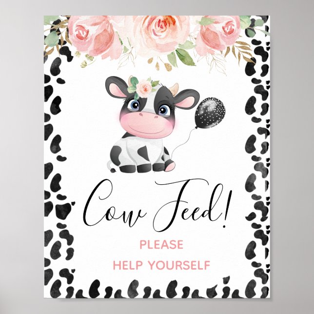 Pink Floral Cow Print Birthday Party Sign (Front)