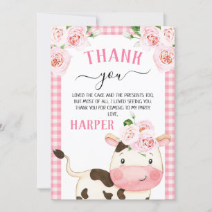 Pink Floral Cow Themed Birthday Thank You Card