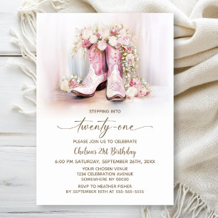 Pink Floral Cowgirl Boots 21st Birthday Party Invitation