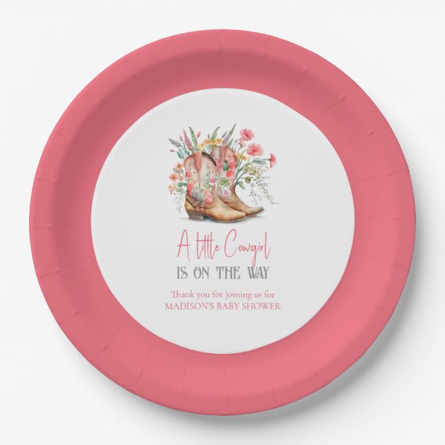Pink Floral Cowgirl Boots and Greenery Bay Shower Paper Plate (Front)