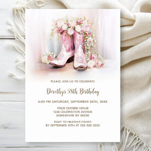 Pink Floral Cowgirl Boots Birthday Party Invitation