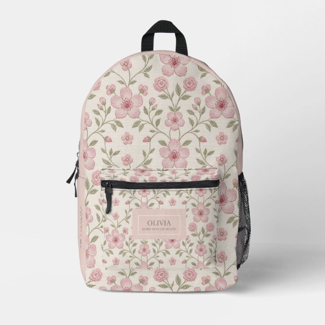 Pink Floral Cream Seamless Pattern with Soft Green Printed Backpack (Front)