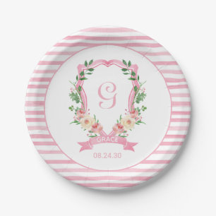 Pink Floral Crest Baby Shower Paper Plate