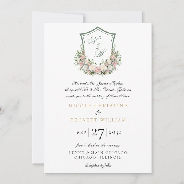 Pink Floral Crest Invitation (Front)