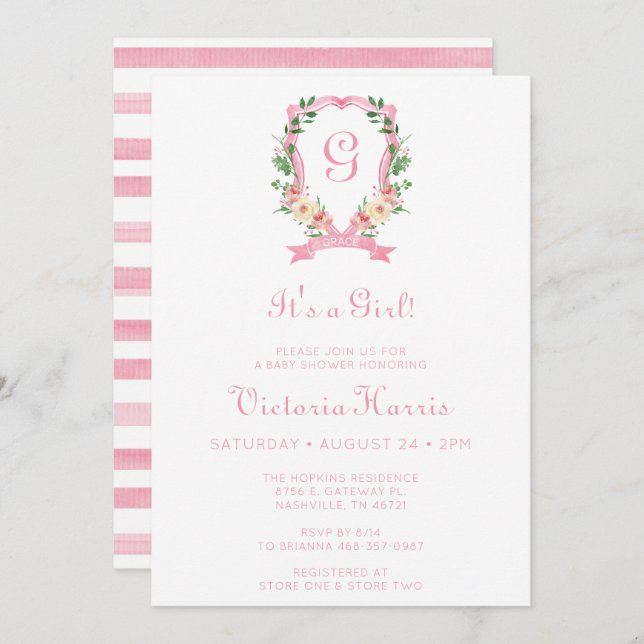 Pink Floral Crest It's A Girl Baby Shower Invitation (Front/Back)