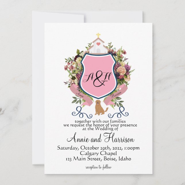 Pink Floral Crest Monogram Golden Retriever Invitation (Front)