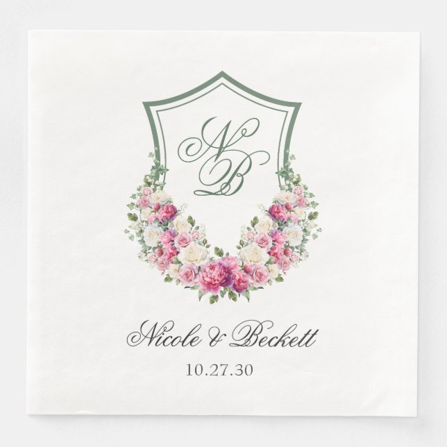 Pink Floral Crest Wedding Napkin (Front)