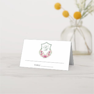 Pink Floral Crest Wedding Place Card