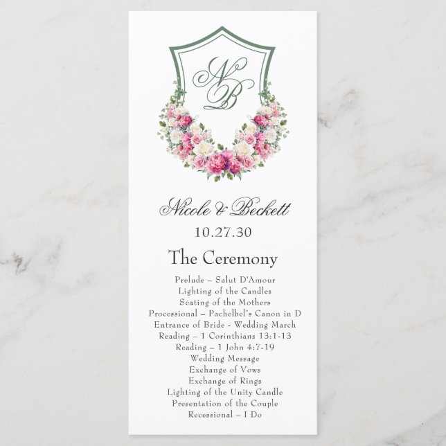 Pink Floral Crest Wedding Program Programme (Front)