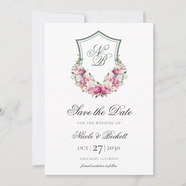 Pink Floral Crest Wedding Save The Date (Front)