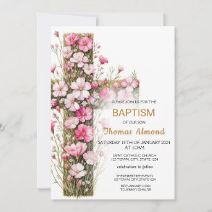 Pink Floral Cross Baptism Invitation