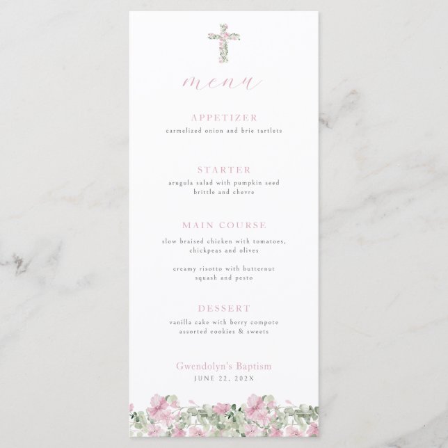 Pink Floral Cross Baptism Menu Girl Christening (Front)