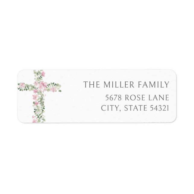 Pink Floral Cross Baptism Return Address Labels (Front)