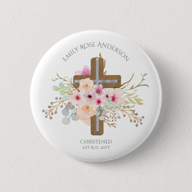 Pink Floral Cross Bouquet Girl Baptism Christening 6 Cm Round Badge (Front)