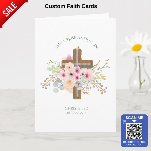 Pink Floral Cross Bouquet Girl Baptism Christening Card (Creator Uploaded)