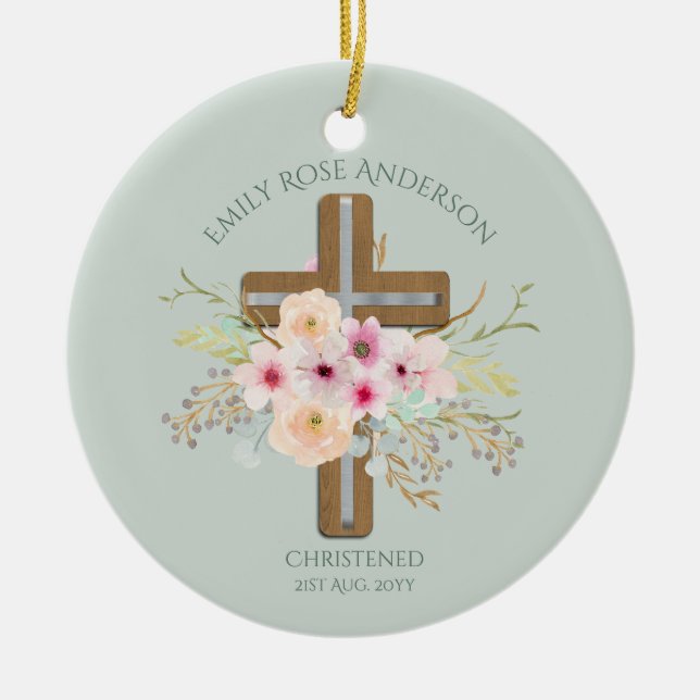 Pink Floral Cross Bouquet Girl Baptism Christening Ceramic Tree Decoration (Front)