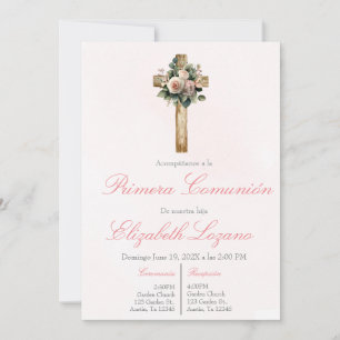 Pink floral cross first communion Spanish  Invitation
