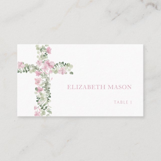 Pink Floral Cross Girl Baptism Place Card (Front)