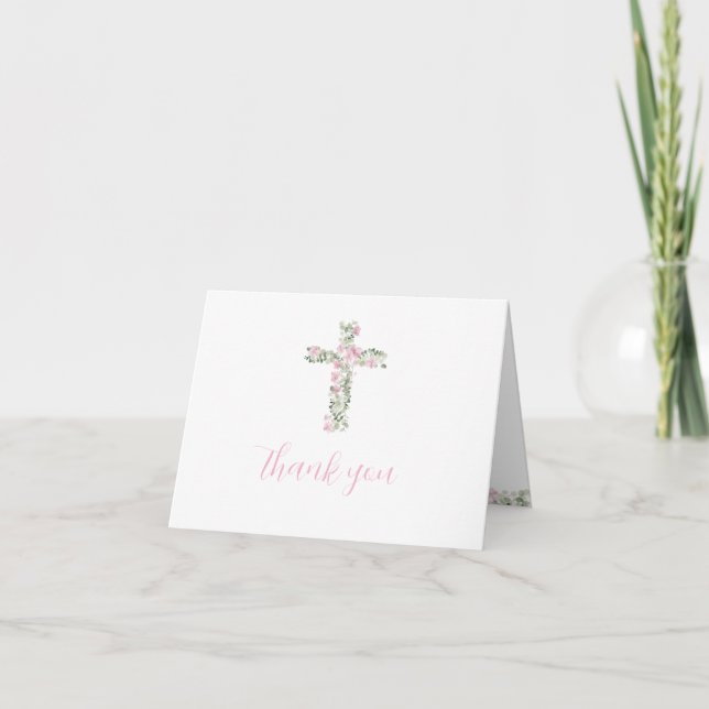 Pink Floral Cross Girl Baptism Thank You Card (Front)