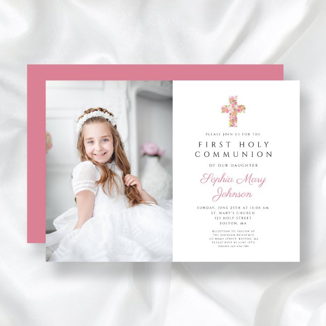 Pink Floral Cross Girl First Communion Photo Invitation (Pink Floral Cross Girl First Communion Photo Invitation)
